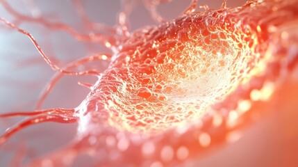 Abstract red cell with glowing center, depicting biological structure or scientific concept.