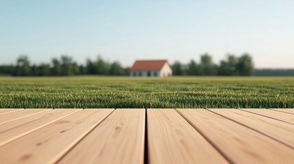 Scenic view featuring a wooden deck with a lush green lawn and a distant house, epitomizing tranquility and outdoor living.