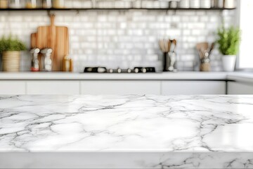 White marble texture table top on blurred kitchen background for montage or display your products with generative ai