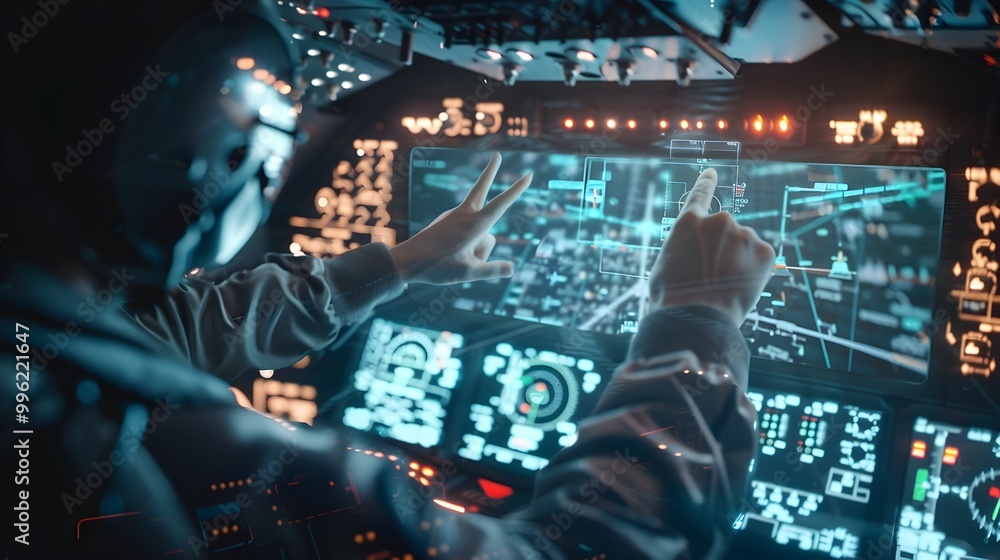 Poster pilot navigating aircraft with holographic cockpit interface showing flight paths and real time data