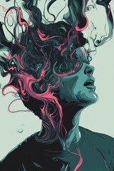 A surreal illustration of a person with swirling, colorful smoke emanating from their head.