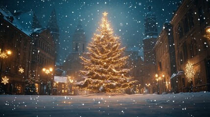 Christmas lights twinkling on a snow-covered tree in the center of a town square, with snow falling softly all around.