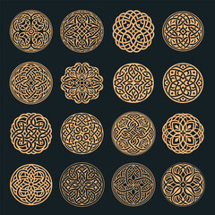 Celtic ornament circular round mandala set. Tattoo viking style collection. Adult coloring page black background