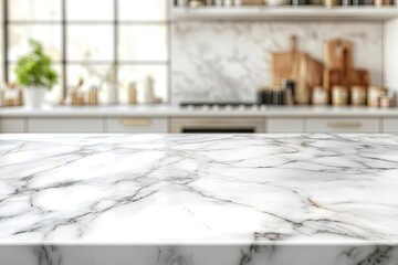 White marble texture table top on blurred kitchen background for montage or display your products with generative ai