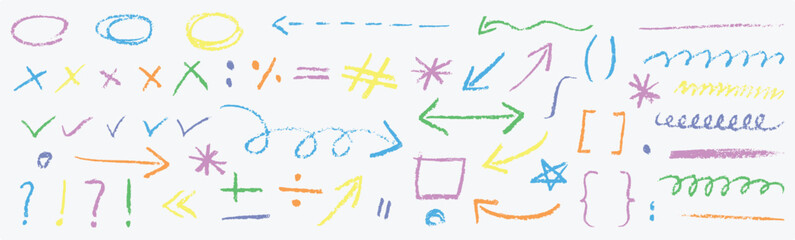 Colored Chalk scribble arrow, hand-drawn scribble crayon, Group of chalked arrows and frames, Hand-drawn doodle design elements, Doodle vector illustration.