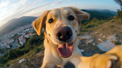 cute dog taking self portrait in outdoor landscape