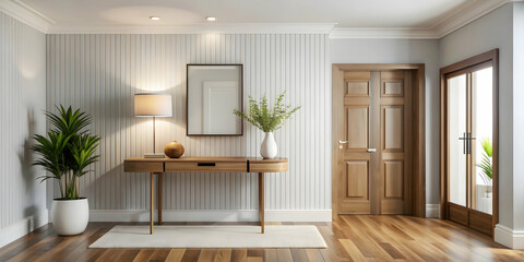 Contemporary foyer with a bright interior featuring a door and wooden console table, modern, interior design, hallway