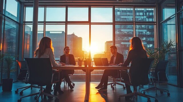 A business meeting in a sleek, futuristic office where passionate entrepreneurs brainstorm groundbreaking ideas and strategies for success.