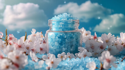 A glass jar with blue salt crystals is placed on top, surrounded by cherry blossom petals, and in the background is a blue sky with white clouds. 