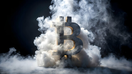 Big bitcoin sign made of smoke representing all time high after halving process, bitcoin, cryptocurrency, digital currency