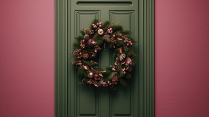 Christmas wreath with Christmas ornaments on a dark pink door