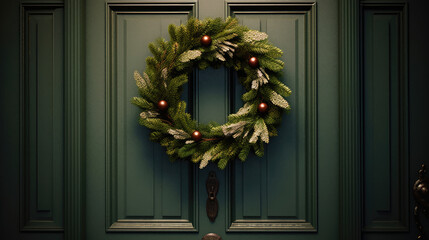 Christmas wreath with Christmas ornaments on a light brown door