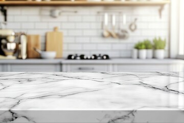 White marble texture table top on blurred kitchen background for montage or display your products with generative ai