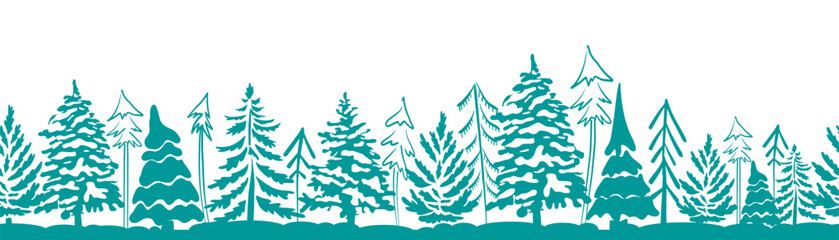 Seamless background Christmas trees blue. hand drawing. Not AI Vector illustration.