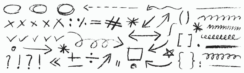 Chalk scribble arrow, hand-drawn scribble crayon, Group of chalked arrows and frames, Hand-drawn doodle design elements, Doodle vector illustration.