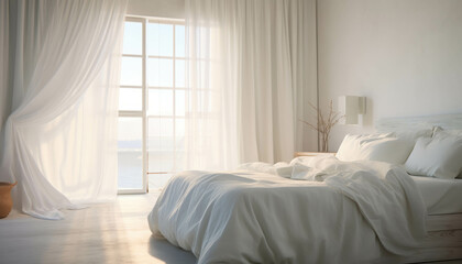 Fototapeta premium Serene Bedroom With Soft White Linens and Natural Light