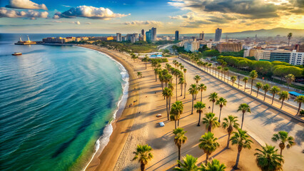 Barcelona aerial view of beach with palms and cityscape by the sea, Barcelona, aerial, panorama, beach, palms, beautiful