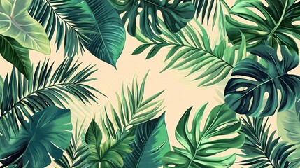 Lush green tropical leaves on a light background.