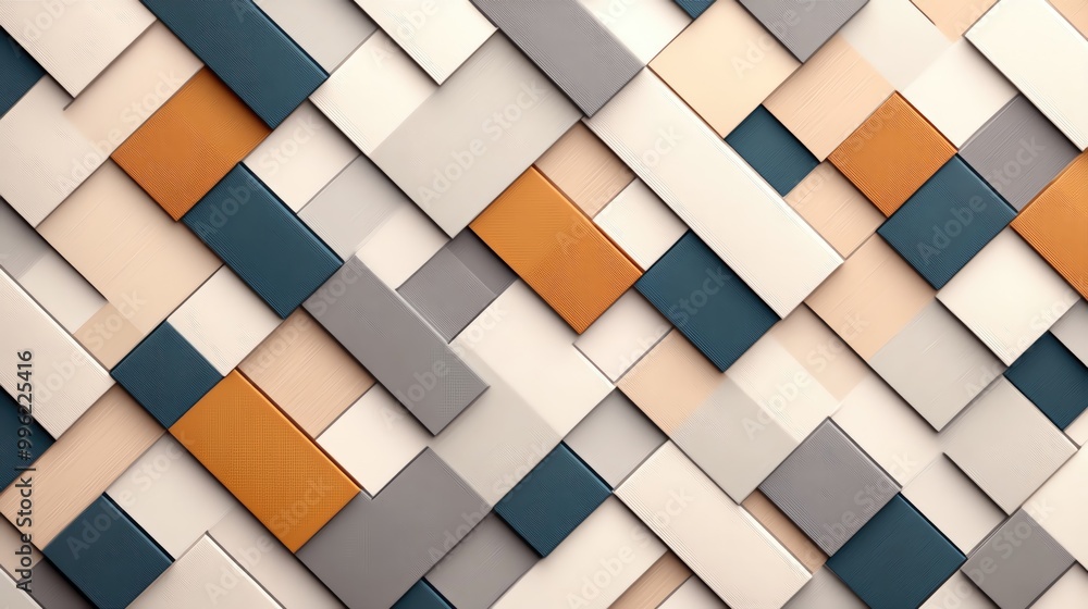 Poster a modern geometric wall design showcasing an array of textured tiles in neutral and vibrant colors, 