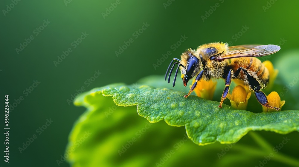 Poster A bee collecting pollen while resting on a flower petal that sits atop a large green leaf, showing the harmony of insects and nature in a macro shot