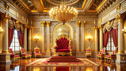 Luxurious palace interior featuring a majestic throne, stately architecture, and gold accents, Palace, interior design