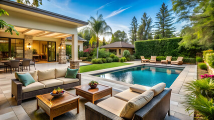 Obraz premium Luxurious backyard oasis with sparkling pool and comfortable patio furniture, luxury, backyard, oasis, pool, patio
