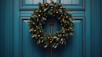Christmas wreath with Christmas ornaments on a vivid blue door