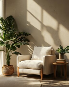 Cozy Reading Nook with Plush Armchair and Plants