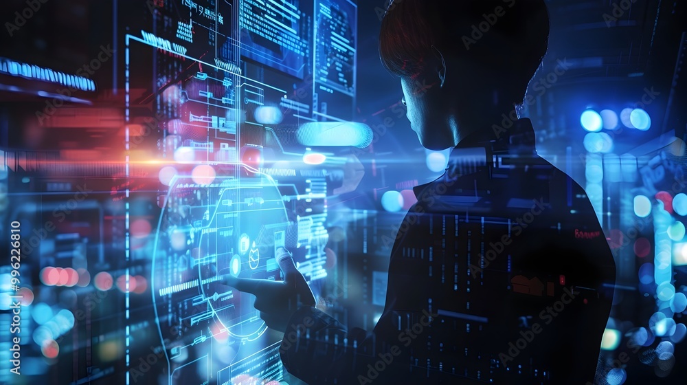 Poster detective analyzing holographic crime scene reconstruction to solve case with advanced tech interfac