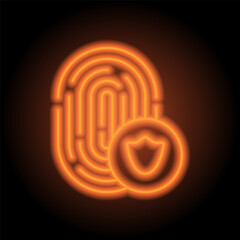 Obraz premium Fingerprint with shield simple icon vector. Flat design. Orange neon on black background