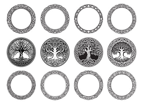 Irish Celtic vector round frame set, braided mandala pattern - greeting card and invitation background, St Patrick s Day ornament. Retro Celtic black and white borders pattern collection isolated