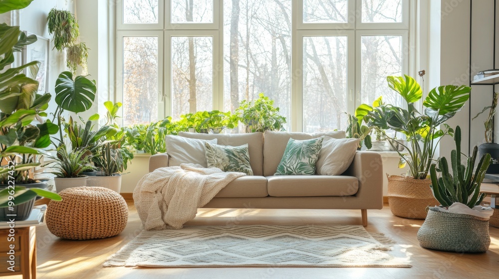 Poster a bright and airy living room with houseplants strategically placed around, emphasizing the connecti