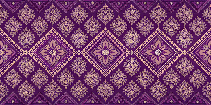 Elegant Thai style fabric pattern in purple hues, Thai, fabric, pattern, traditional, intricate, design, texture, background