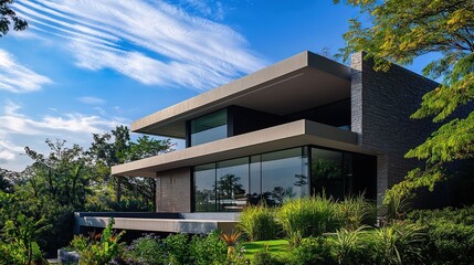 Fototapeta premium Modern house with large windows and lush landscaping.