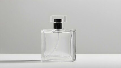 A pure white perfume bottle on a light gray background, creating a clean, minimalist aesthetic
