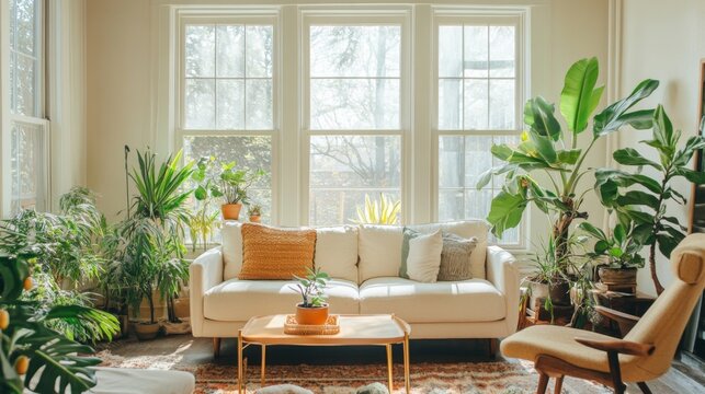 A bright and airy living room with houseplants strategically placed around, emphasizing the connection between nature and indoor living, creating a refreshing environment.