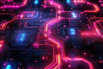 Futuristic Circuit Board with Glowing Red and Blue Lines
