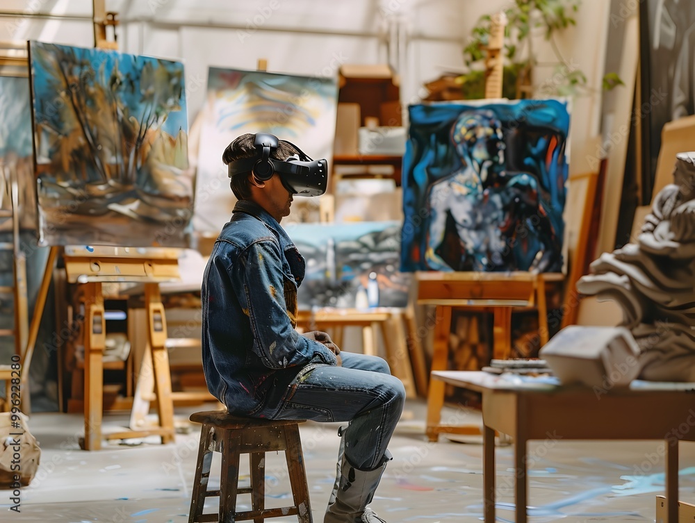 Poster man immersed in virtual reality art class digitally painting and sculpting in boundless virtual stud