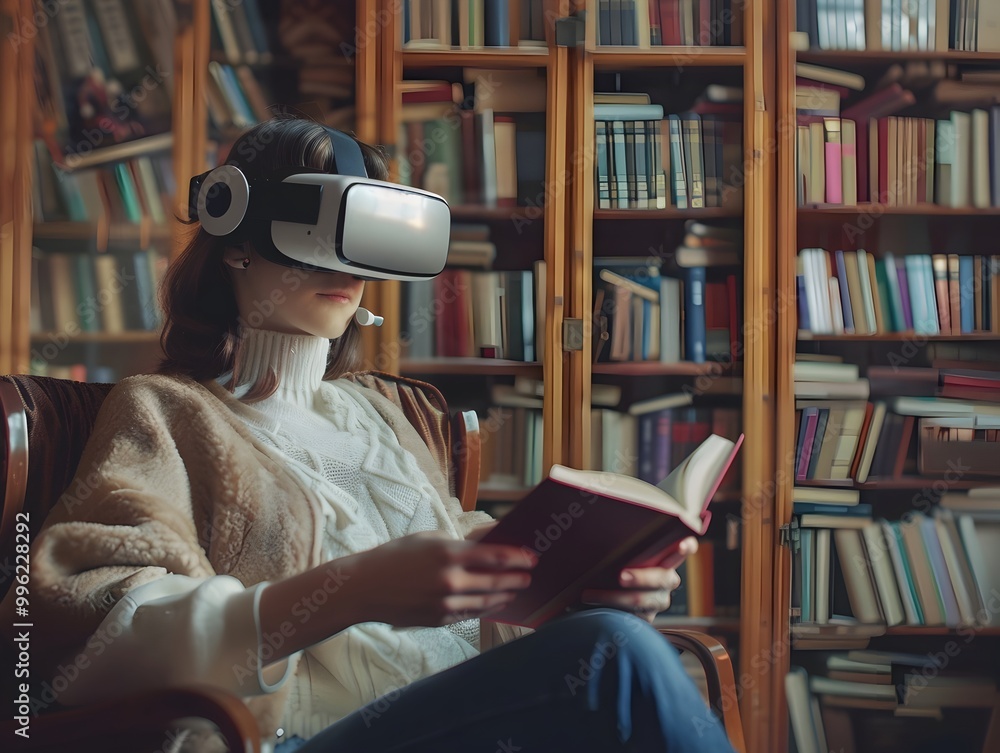 Poster virtual reality classroom where students explore classic novels settings and interact with character