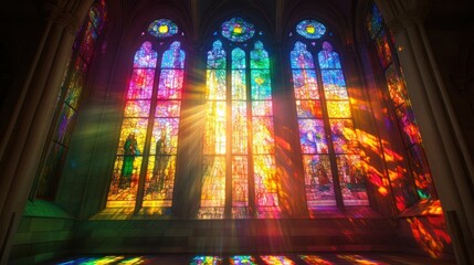 Obraz premium Sunlight Streaming Through a Colorful Stained Glass Window in a Cathedral
