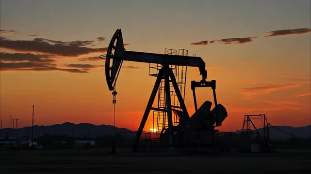 An oil pumpjack silhouetted against a vibrant sunset sky with mountains in the background.