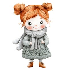 Fototapeta premium Cute watercolor illustration of a little girl with red hair and a cozy sweater.