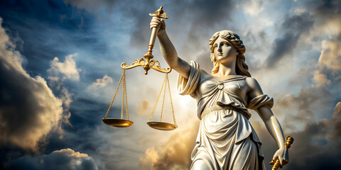 Obraz premium Marble sculpture of Lady Justice holding golden scales inspired by Italian Renaissance and Michelangelo