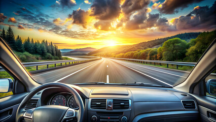 Serene highway scene with adaptive cruise control regulating vehicle speed , smart technology, transportation