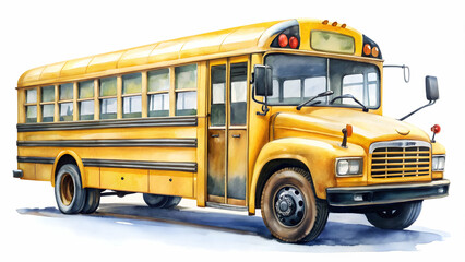 Watercolor painting of a classic yellow school bus on white background, school bus, yellow, classic