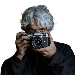 Photo of an older man with gray hair holding a camera and taking a photo on a transparent background
