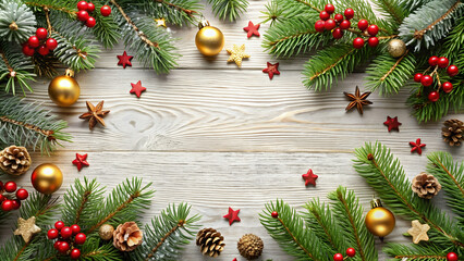 Holiday background with fir branches and decorative elements for Christmas , festive, winter, evergreen, xmas