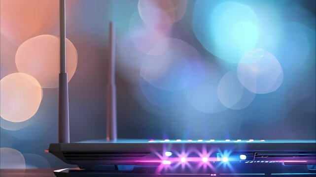 A modern router with glowing lights against a colorful, blurred background, suggesting a tech or digital theme.