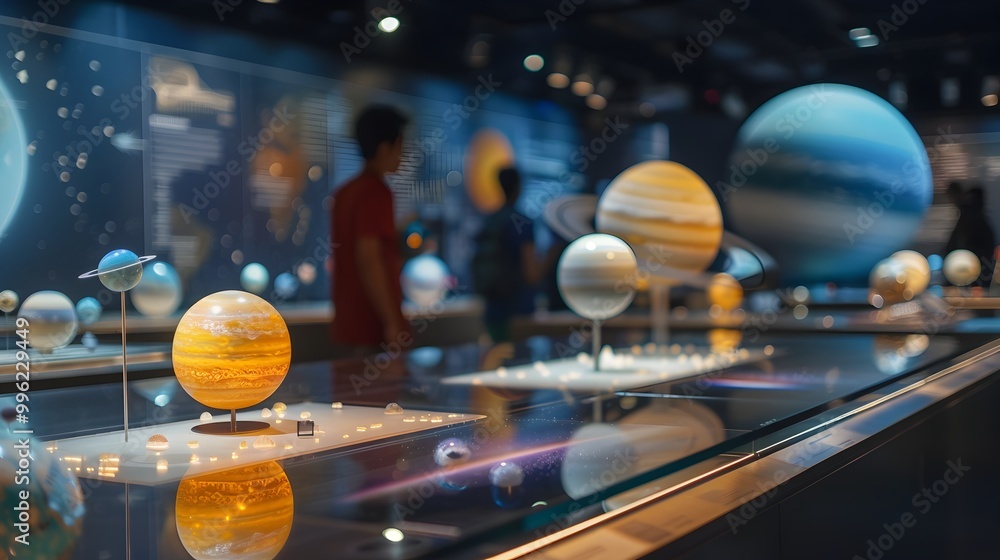 Poster interactive solar system exhibit with movable planet models for visitors to explore
