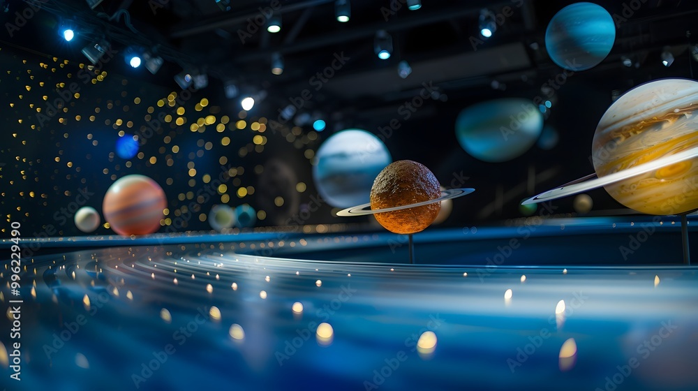 Poster interactive solar system exhibit with movable planet models for hands on learning and